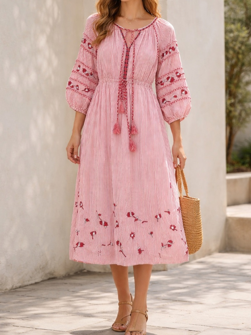 Misa Los Angeles Midi Dress Womens Medium Striped Embroidered Floral Boho Cotton